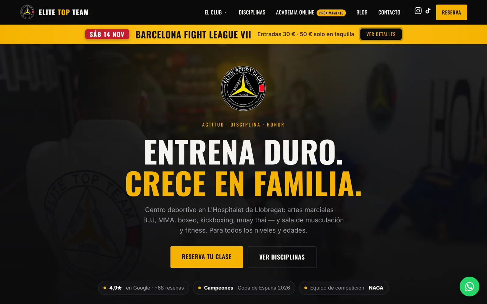 Portada de elitetopteam.es en producción: «Entrena duro. Crece en familia.»